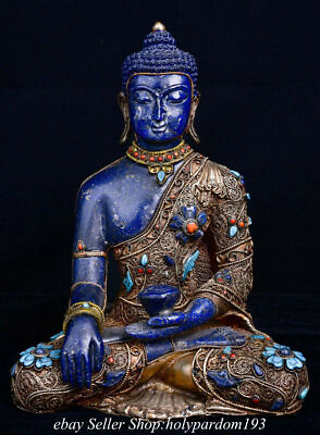 #ad 9.2 quot; Old Tibet Lapis lazuli Silver Inlay Gems DZI Shakyamuni Buddha Statue $2419.20