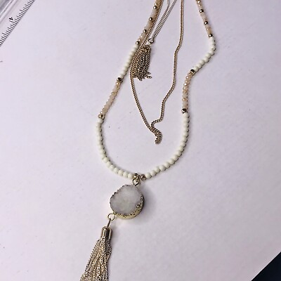 #ad Layered Necklace WHite Druzy Quartz Tassel Chain Gold Tone Pink Beaded Long $15.29