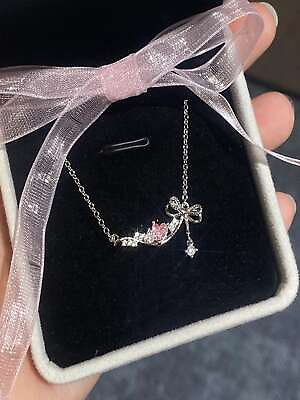 #ad 1pc Titanium Steel Heart Pink Zircon Bow Knot Ladies Necklace Dating Gift $5.32
