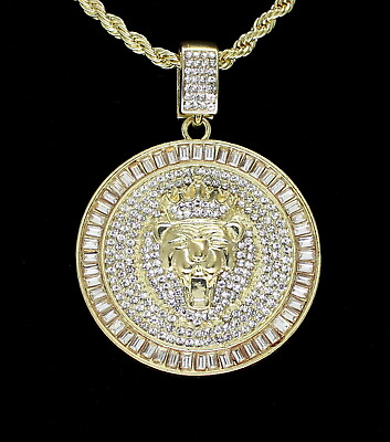 #ad Mighty Lions Head Men#x27;s Iced CZ Round Pendant 24quot; Rope Chain 14k Gold Plated $9.45