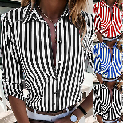 #ad Women V Neck Striped Button Casual Long Sleeve Tops Tee Blouse Down Shirt $18.39