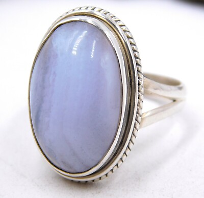 #ad 7.20Gm 925 Solid Sterling Silver Blue Lace Agate Cab Stone Fine Ring 7.7US M2517 $23.02