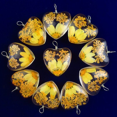 #ad 10Pcs 28x14mm Orange Delicate Crystal Glass Dried Flower Heart Pendant T02050 $19.08
