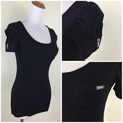 #ad GUESS Black Silver Logo Buttons Cut Out Puffed Short Sleeve Womens sz XS Shirt $8.45