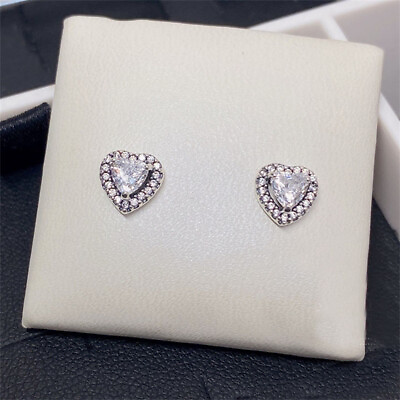 #ad New 100% Authentic 925 Sterling Silver Elevated Heart Stud Earrings $20.99