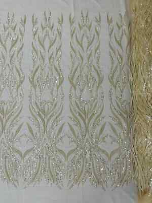 #ad Beaded Elegant Leaf Fabric Clear Embroidered Leaf Design Beaded Fabric Yard $59.12