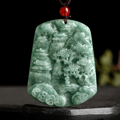 #ad Burmese Jade Landscape Pendant Natural Jewelry Necklace Jadeite Green Necklaces $23.75
