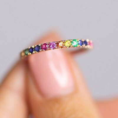 #ad 14K Rose Gold Rainbow Eternity Gemstone Ring Multi Color Size 6 Natural 1.00 CT $799.00