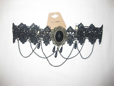 #ad Elegant ornate goth lace w faux gemstone amp; chains choker black nip kawaii $10.00