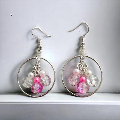 #ad Round Hoop Earrings with a Trio of Dangling Beads and Glass Pearls $20.00