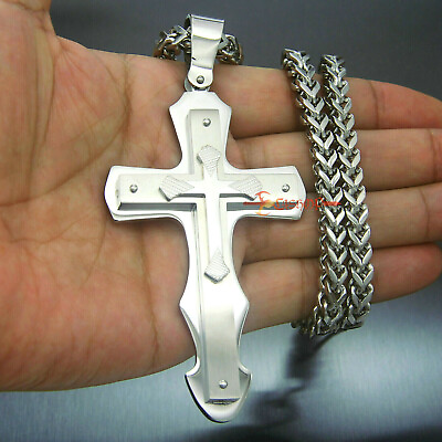 #ad Men#x27;s Huge Solid Silver Cross 316L Stainless Steel Necklace Pendant Franco Chain $26.49