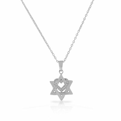 #ad Sterling Silver White Clear CZ Jewish Star of David Love Heart Pendant Necklace $24.99