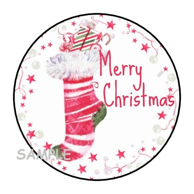 #ad 30 MERRY CHRISTMAS STOCKING ENVELOPE SEALS LABELS STICKERS 1.5quot; ROUND GIFTS $2.64