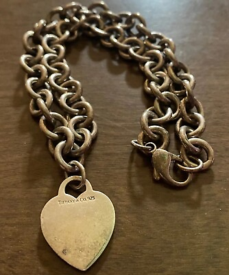 #ad Vintage Tiffany amp; Co Heart Tag Charm Necklace Choker 925 Sterling Silver 16quot; 68g $349.99