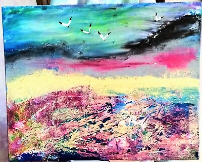 #ad Original Acrylic Painting Ocean And Gulls 11x14 Impressionism $35.00