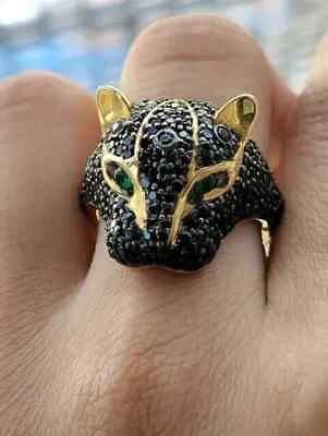 #ad 4Ct Round Lab Created Black Diamond Panther Mens Ring 14K Yellow Gold Plated $258.70