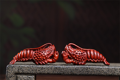 #ad A Pair Chinese Red Sandalwood Wood Hand Carved Small lobster Statue 一对小龙虾 $35.99
