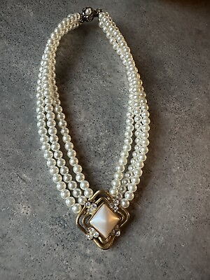 #ad Vintage Gold Tone Multi Strand Pearl Bead Diamond Pendant Rhinestone Necklace $18.99