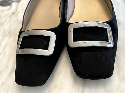 #ad Talbots Women’s Black Flat Suede Shoe Size 8.5B narrow Silver Buckle $22.00