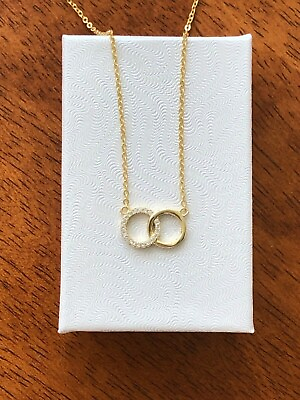 #ad Cz Gold Interlock Double Circle Necklace 925 Sterling Silver Pendant 14.5mm $24.95
