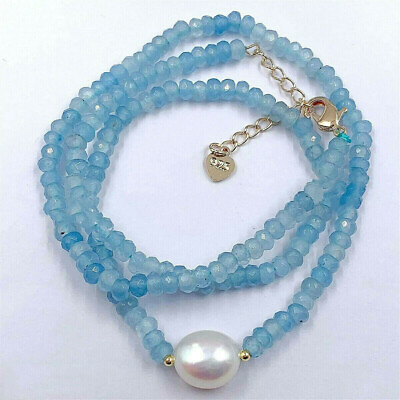 #ad Faceted 2x4mm Blue Aquamarine Gems amp; 9 10mm White Pearl Necklace 16 28quot; $5.69