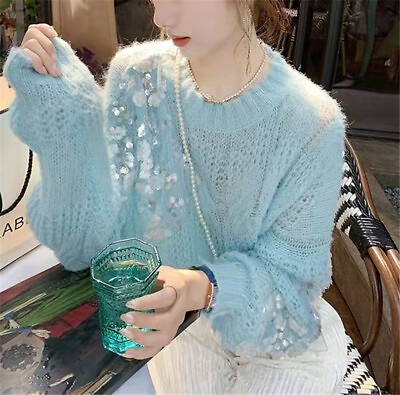 #ad New Women Loose Soft Bead Sequin Round Neck Pullover Knitted Sweater Tops $33.29