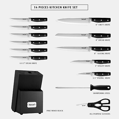 #ad 14Pcs Kitchen Knife Set w Wooden Block Professional Stainless Steel Chef knife $39.99