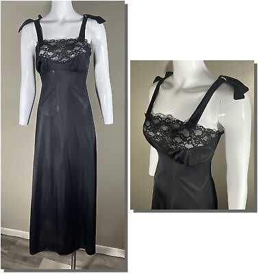 #ad Sexy Vintage Black Nylon Lacey Gown w Large Shoulder Bows 32 $44.99
