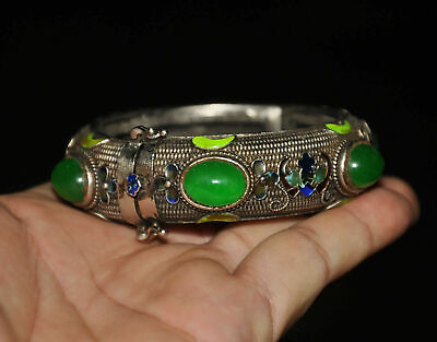 #ad Chinese dynasty palace silver Cloisonne inlay Green Jade Gem Bracelet hand chain $119.00