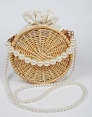 #ad Handmade Bamboo Clutch Pearl Strand Chain Crossbody Hand Bag Shoulder Purse $80.00
