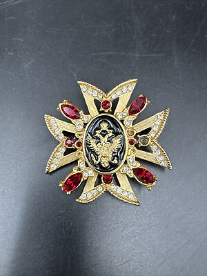 #ad Russian Maltese Cross Rhinestone Enamel Pearl Crown Eagle Brooch Pin Pendant Red $39.99