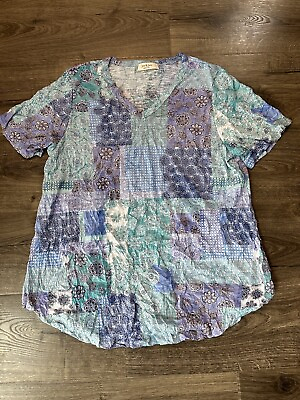 #ad Jess Jane Top Womens Large Artsy Knit Art To Wear Blue Floral Shirt Made In USA $29.99