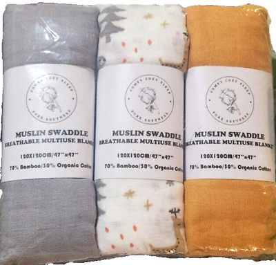 #ad Muslin Swaddle Breathable Multiuse Blanket 3 Pack animal size 47x47 $12.34