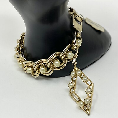 #ad Vtg Goldtone Faux Pearl Link Bracelet Original Bullock#x27;s Price Tag SMALL WRIST $20.26