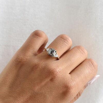 #ad Natural Salt and Pepper Engagement Ring Three Stone Diamond Unique Proposal Ring $142.98