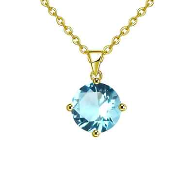 #ad 18k Yellow Gold 2 Carat Created Blue Topaz CZ Round Stud Necklace Plated 18 Inch $10.99