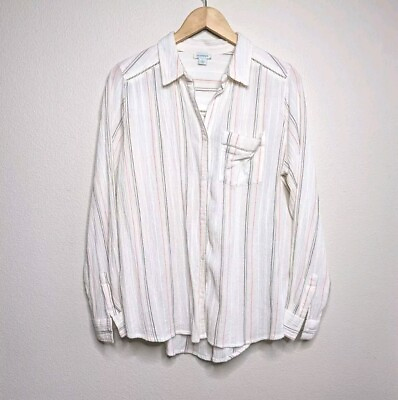 #ad Sundance Catalog Top Womens L White Striped Button Up Shirt Cotton Gauze $34.88
