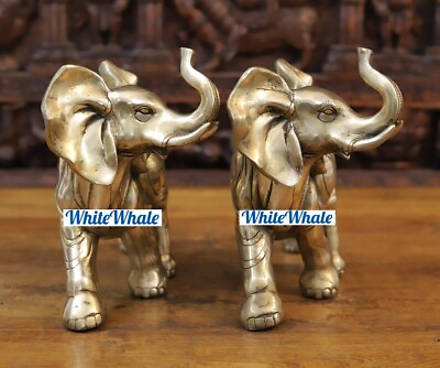 #ad Pair of Brass Leaf Carved Elephant in Glazing Aura Finish Good Luck Figure $390.65