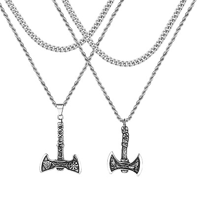 #ad Men#x27;s Nordic Axe Stainless Steel Necklace Pendant Cuban Chain Viking Jewelry $12.99