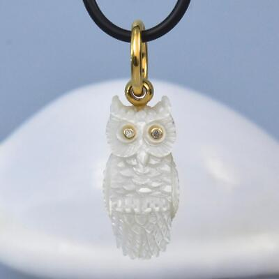 #ad Gold Vermeil Sterling Silver Mother of Pearl Owl Pendant Diamond Gem Eyes 4.32 g $68.00