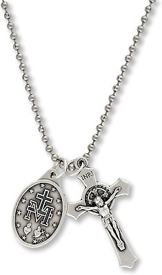 #ad Catholic Necklace St Benedict Crucifix Miraculous Medal 24quot; Stainless Ball Chain $25.10
