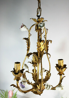 #ad Vintage French metal gold gilt 3 arm chandelier porcelain flowers $487.50