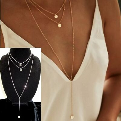 #ad Coin Choker Necklace Lariat 3 Layer Drop Tiers Chains Sequin Silver Gold Dainty $12.30