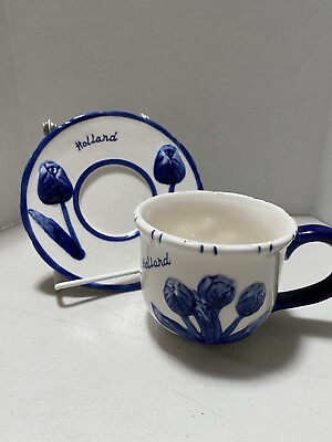 #ad Delft Blue Deco Handpainted Tulip Cup and Saucer Holland $14.95