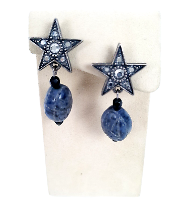 #ad Kirks Folly Vintage Earrings AB Stars with Etched Blue Stone Dangles Signed $36.00