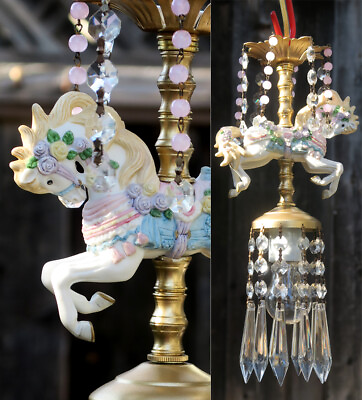 #ad Porcelain Horse Carousel Lamp SWAG Chandelier Vintage Crystal Pink roses ribbons $145.00