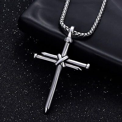 #ad Men Women Nail Rope Cross Pendant Necklace Stainless Steel Chain Jewelry Silver $9.98