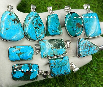 #ad Turquoise Gemstone 925 Sterling Silver Plated Lot 10 PCs Bezel Pendants Jewelry $19.80