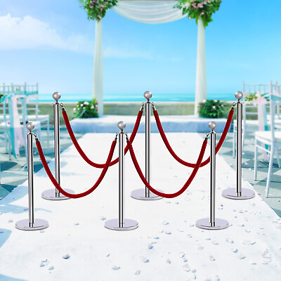 #ad 6Pcs Silver Stanchion Posts Queue Crowd Control Barriers Setamp;5ft Red Velvet Rope $76.84