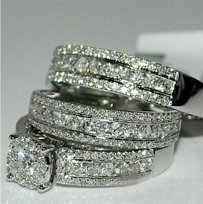 #ad 4Ct Lab Created Diamond Trio Ring Set Bridal Wedding Band 14k White Gold Plated $207.19